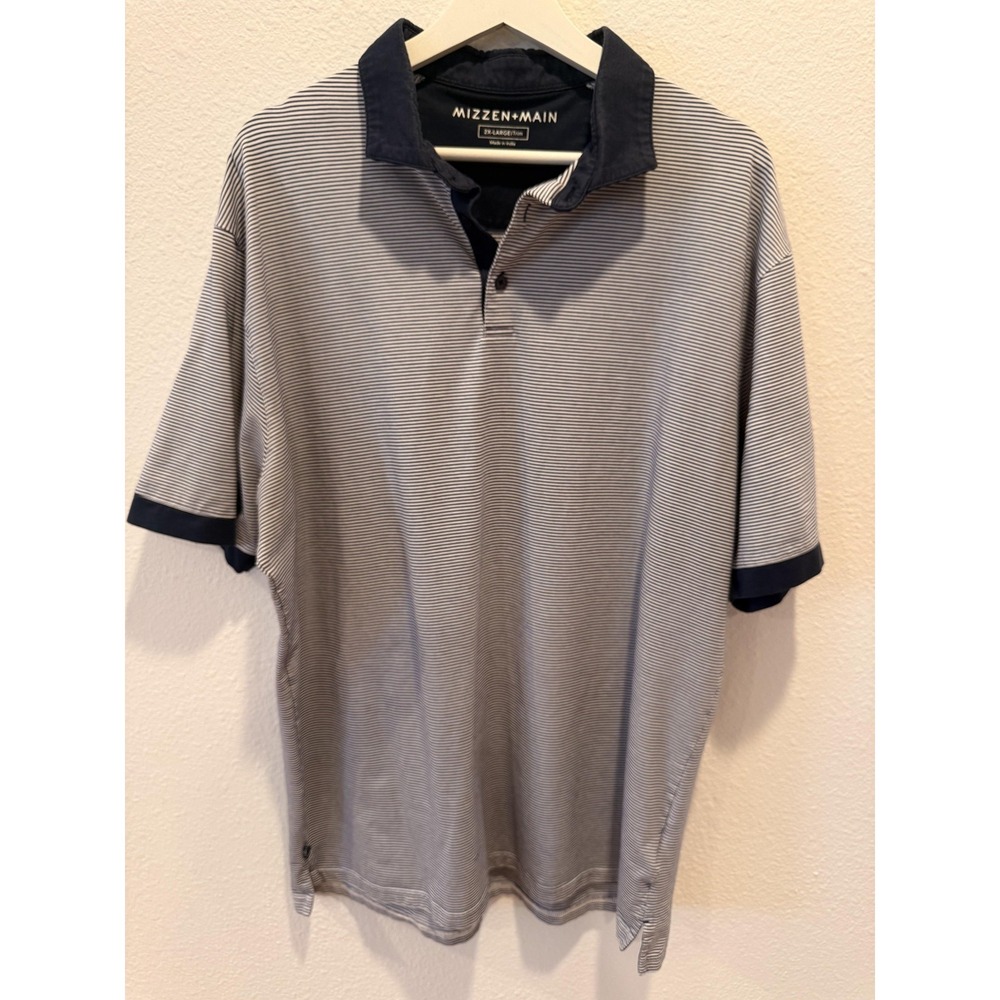 Mizzen+Main Polo Shirt Mens 2XL Blue White Striped Trim Fit Jersey Short Sleeve